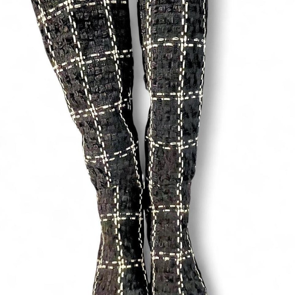 Black knee-high Harmoni tweed boots size 11M chunky sequined heels. Rare size